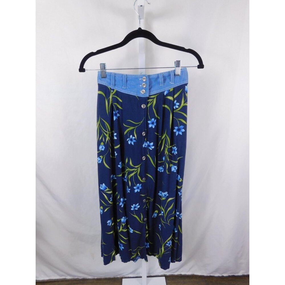 Capacity Skirt Womens Medium Blue Floral Button Front Chambray Waist Boho Midi